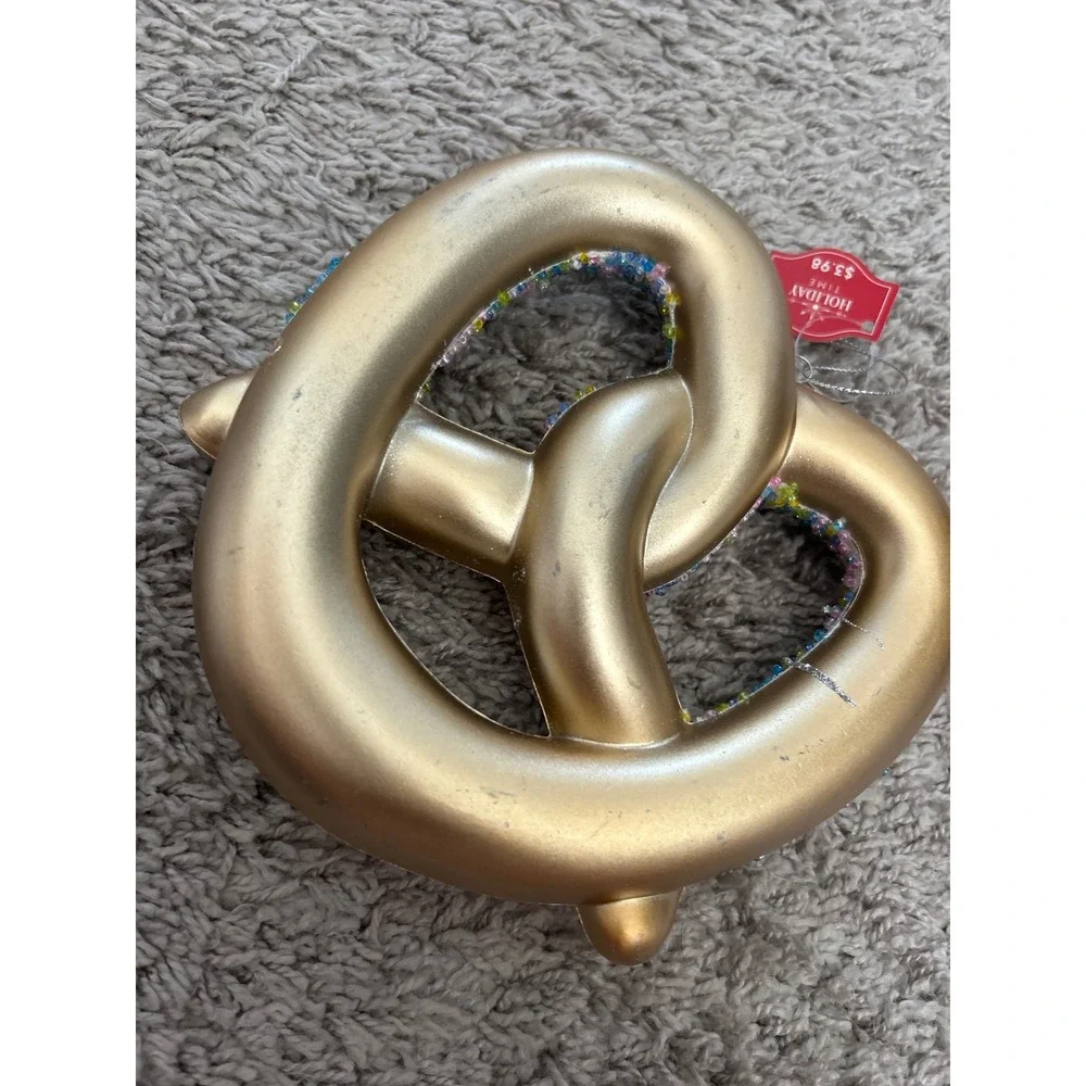 Holiday Time Gold Beaded Pretzel Christmas Ornament Multi Color Pastel Glitter